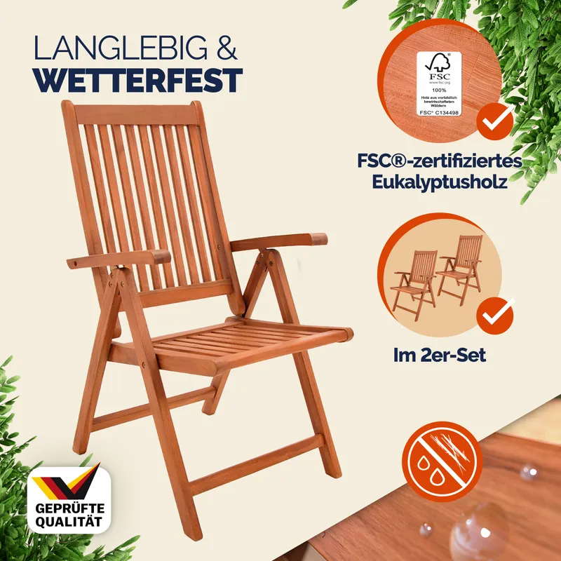 Casaria® Klappstuhl 2er-Set ergonomisch verstellbar 5 Positionen Eukalyptus, Braun, – Produktbild 2 von 2