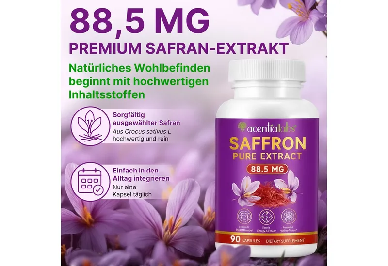 Acentiallabs Safran Saffron Pure Extrakt 88,5 mg mit Vit. B2 Hochdosiert Nahrungsergänzungsmittels, Softgels – Produktbild 3 von 7