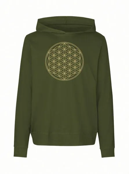 Peaces.bio - handbedruckte Biomode Peaces.bio - handbedruckte Biomode Damen Jersey-Hoodie Die Blume des Lebens, Waldgrün, – Produktbild 1 von 1