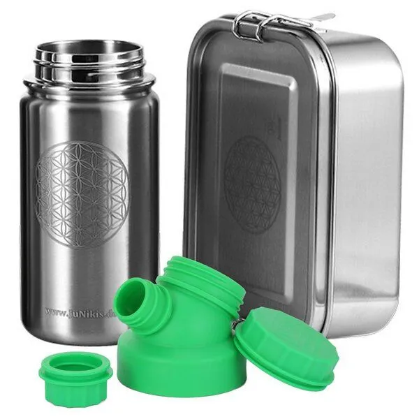 JN JuNiki's JN JuNiki's Einschulungs-Set "Blume des Lebens": Lunchbox + isolierte Edelstahltrinkflasche, Grün, – Produktbild 1 von 4