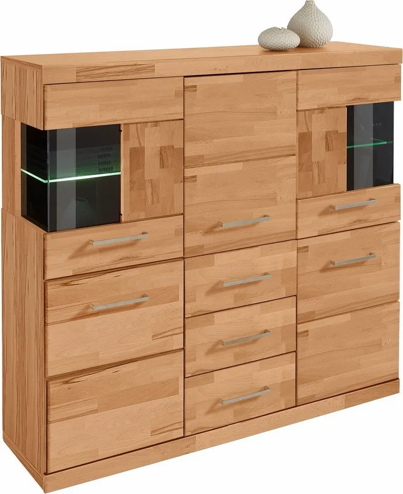 OTTO home Highboard Ribe,125cm breit,115cm hoch, Fronten Massivholz,5Türen,3 Schubladen, Holz massiv, Holzwerkstoff, Metall Griffe,10Fächer, Böden versetzbar, Braun, – Produktbild 3 von 8