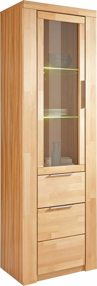 OTTO home Vitrine ZARA75, 2 Glasboden variabel, Türen L/R, 1 Schublade, Wohnzimmer B/T/H:60/40/190cm,Front massivholz,5 Fächer,Griffe silberfarben, geölt, Braun, – Produktbild 2 von 4