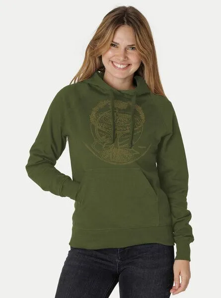 Peaces.bio - handbedruckte Biomode Peaces.bio - handbedruckte Biomode Bio-Damen-Kapuzensweater Weltenesche, Waldgrün, – Produktbild 2 von 2