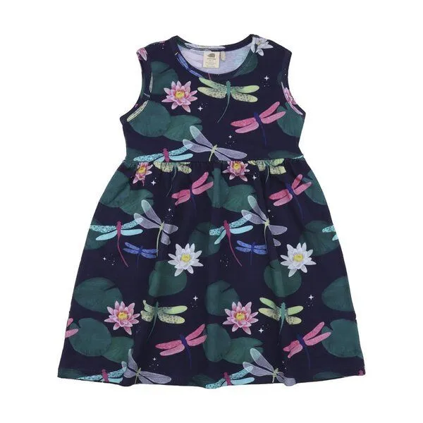 Walkiddy Kinderkleid GOTS zertifiziert Bio-Baumwolle 95/5 Elasthan Dunkelblau Libellen-Print ärmellos bequem – Walkiddy – Produktbild 1 von 2