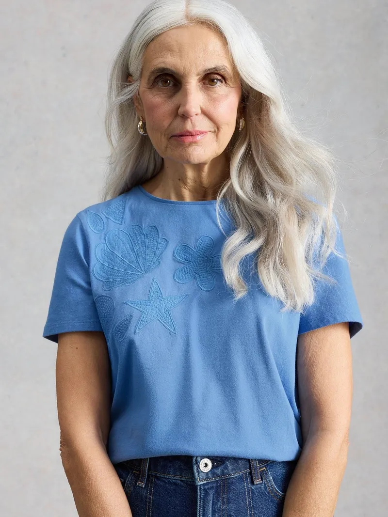 White Stuff Besticktes T-Shirt Abbie - 38, Mittelblau, – Produktbild 1 von 4