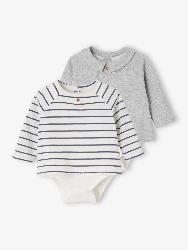 Vertbaudet 2er-Pack Baby Shirtbodys mit Kragen, Grau meliert, – Produktbild 1 von 3