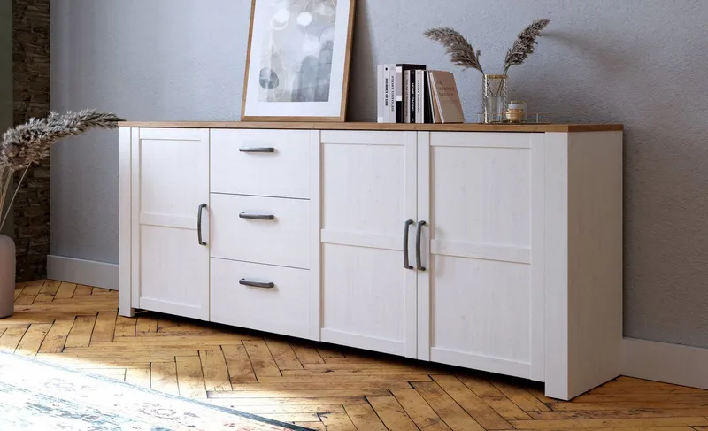 FORTE Sideboard Bohol, großes Sideboard,Breite 2,20 mtr. Soft-Close, Stauraum, B/H/T 220,8/87/42cm, 3 Türen, 3 SK, Weiß, – Produktbild 1 von 5