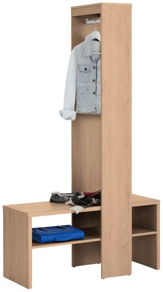 loft24 Kompaktgarderobe Henry - Garderobe Kleiderschrank Dielenschrank Schrank Garderobe mit Kleiderstange und Schuhbank, Eichenoptik, Landhausstil, Beige, – Produktbild 4 von 5