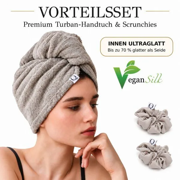Qupro Qupro Spar-Set Turban-Handtuch & Scrunchies vegane Seide, Silver grey, – Produktbild 8 von 8