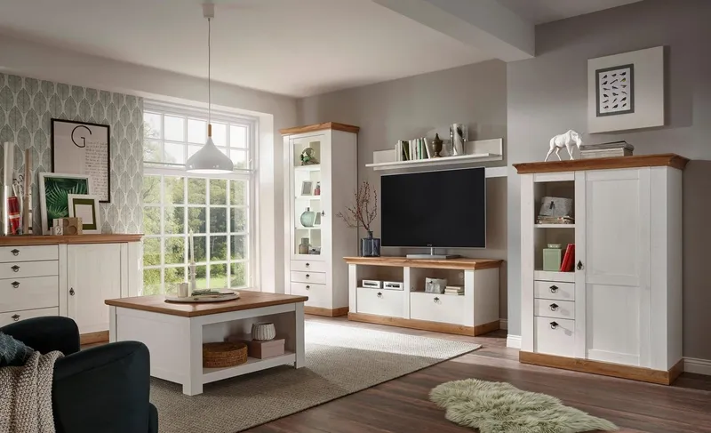 Home affaire Wohnwand Cremona, Anbauwand im Landhausstil, Komplettset, Wohnzimmer-Set, enthält Vitrine, Lowboard, Stauraumelement und Wandboard, 356 cm breit, Weiß, – Produktbild 4 von 5