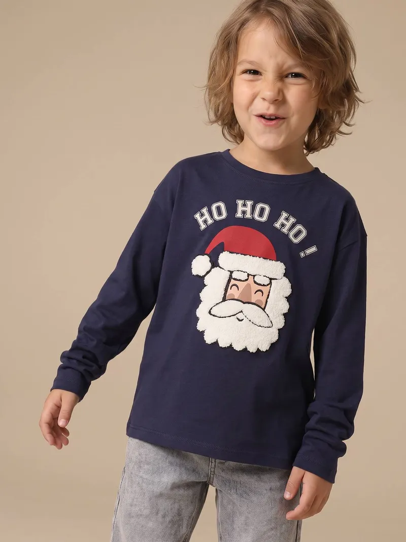 Vertbaudet Shirt mit Weihnachtsmotiv Jungen HO-HO-HO, Marine, – Produktbild 2 von 4