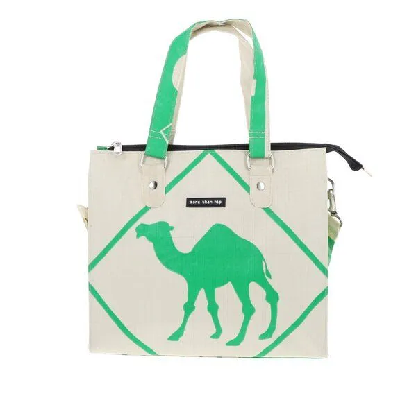 MoreThanHip MoreThanHip Damen Schultertasche aus recycelten Zement- oder Fischfuttersäcken - Dara, Creme/grün - kamel, – Produktbild 4 von 4