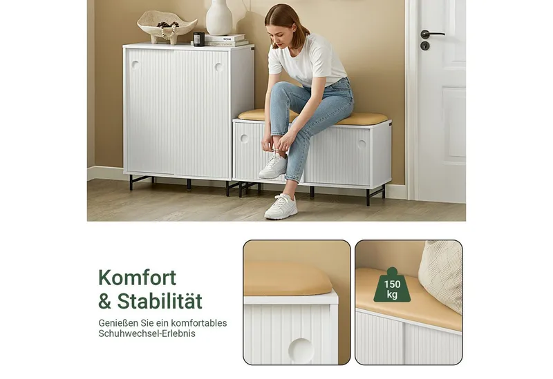 SoBuy Schuhbank FSR116, mit Sitzfläche und Schiebetüren Sitzbank mit Stauraum Dielenbank, Weiß, – Produktbild 3 von 5