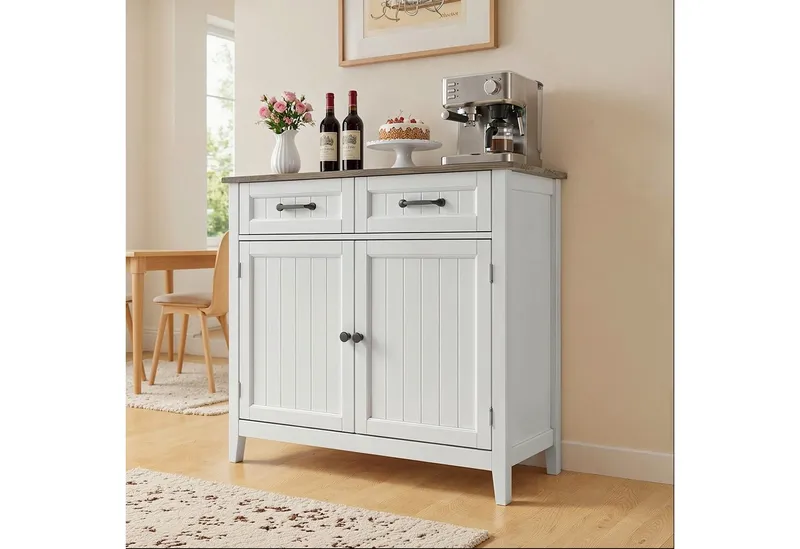 Blishom Buffet Sideboard Küchenschrank mit 2 Schubladen, 90 x 40 x 82 cm Die Einlegeböden sind verstellbar, Grau, – Produktbild 5 von 5