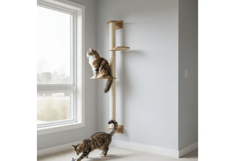 eyepower Kratzbaum zur Wandmontage-130 cm Wandkratzbaum für Katzen mit 2 Bambus Plateaus, Sistammstamm Wand - Katzenkratzbaum platzsparend - Kletterwand Katze, Beige, – Produktbild 3 von 5