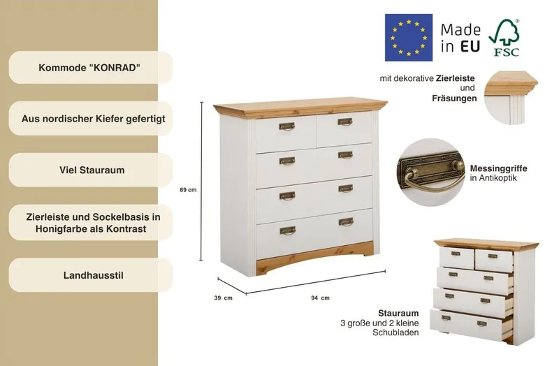 OTTO home Schubkastenkommode Konrad, Kommode, im Landhausstil, rustikal, Breite 94 cm, aus massiver, FSC®-zertifizierter Kiefer, Weiß, – Produktbild 6 von 8