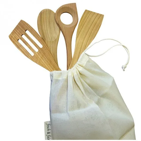 Biodora Biodora Kirschholz-Set – Kochlöffel & Pfannenwender – Inklusive Baumwollbeutel – Unverleimt – Nachhaltiges Geschenkset – Produktbild 1 von 4