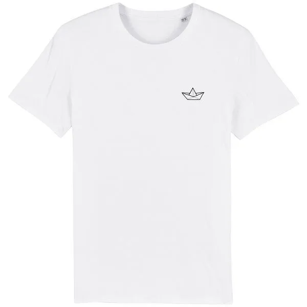 Spangeltangel Spangeltangel T-Shirt "Papierboot", Männershirt, Herrenshirt, bedruckt, Biobaumwolle, Unisex, Weiß, – Produktbild 1 von 4