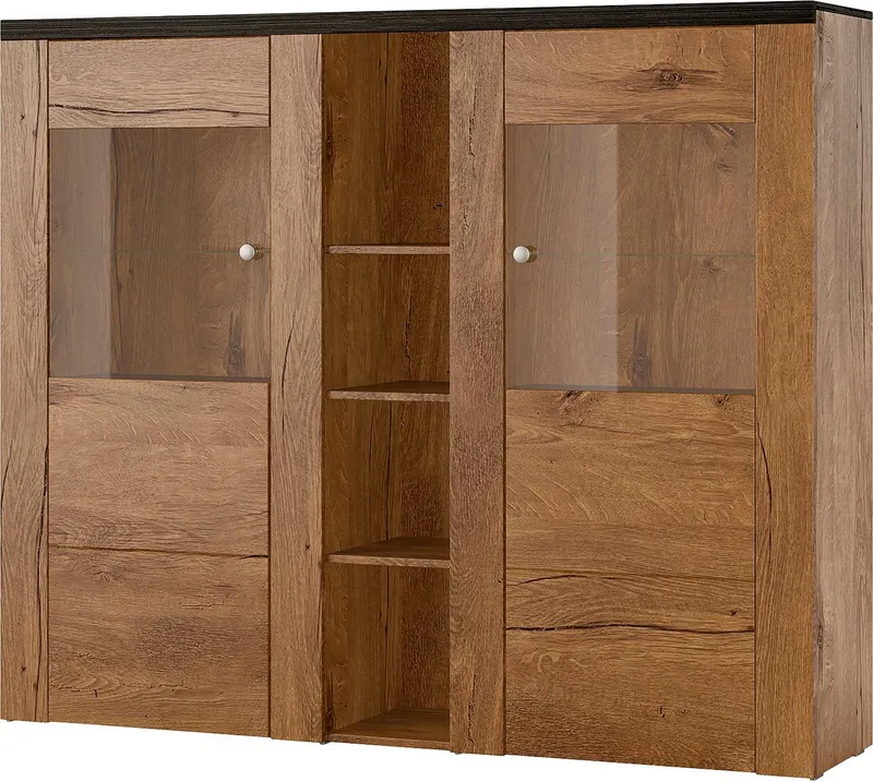 OTTO home Highboard Larona, zeitlose Hochkommode mit 2 Türen, Türkommode, Höhe 129,5 cm, Anrichte mit dekorative Rahmenoptik, Türen mit Glaseinsatz, Braun, – Produktbild 1 von 8