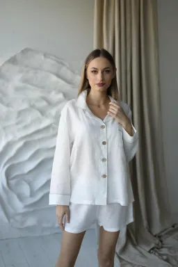 Amber Linen Amber Linen Damen vegan Pyjama Set Mit Shorts Serene White – Produktbild 1 von 1