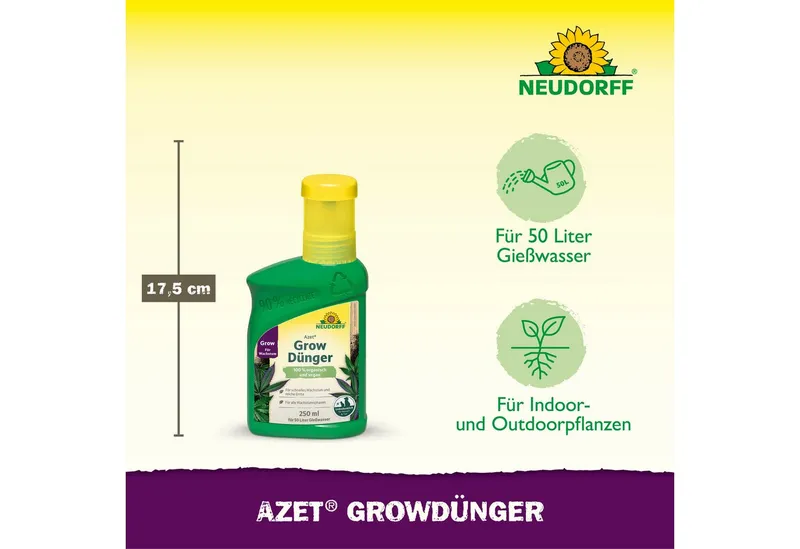 Neudorff Spezialdünger Azet GrowDünger 250ml Hanf Dünger für 50L, Vor Gebrauch gut schütteln und nur mit Wasser verdünnt anwenden., Dünger für Hanfpflanze für schnelles Wachstum und reiche Ernte, Organischer GrowDünger für kräftiges Wachstum – Produktbild 3 von 5