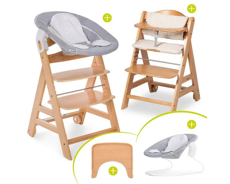 Hauck Hauck Hochstuhl Beta Plus Newborn Set - Natural, Holz Babystuhl ab Geburt mit Neugeborenenaufsatz, Sitzkissen, Essbrett, Beige, – Produktbild 1 von 5