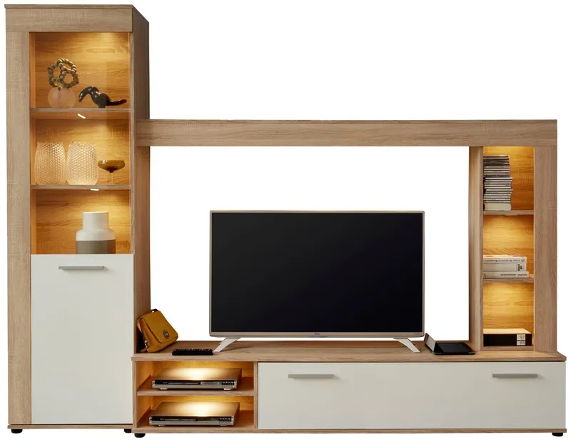 Home affaire Wohnwand Laholm, (Set, 4-St), Wohnwand mit Tür, Klappe & 6 Fächern - (B/T/H) 240/41/185 cm, Beige, – Produktbild 1 von 5
