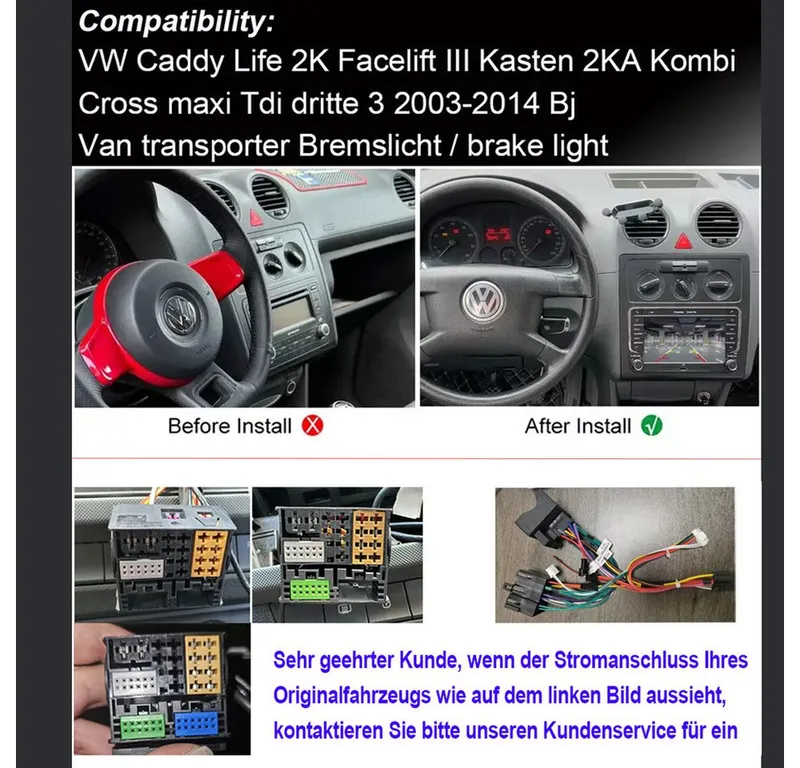 ESSGOO 7"/9" Für VW Caddy Life 2K Facelift Mit Rückfahrkamera Bremsleuchte Autoradio (RDS, Digitalradio (DAB), FM, AM, Apple Carplay Android Auto GPS Navi WIFI BT SWC), Schwarz, – Produktbild 5 von 7