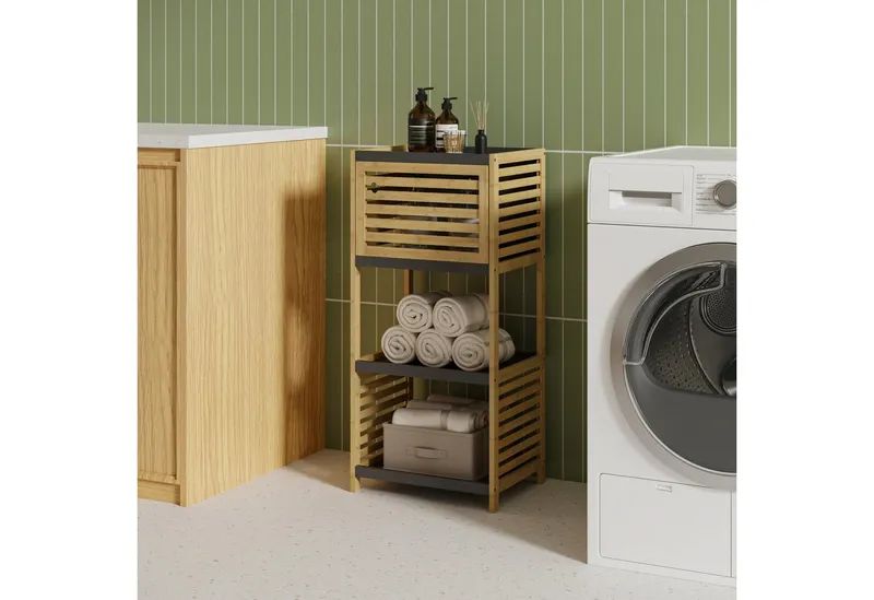 en.casa Badregal, »Kydesby« 83 x 39 x 30 cm 1 Tür 2 offene Fächer Bambus Natur/Grau, Beige|grau, – Produktbild 4 von 5