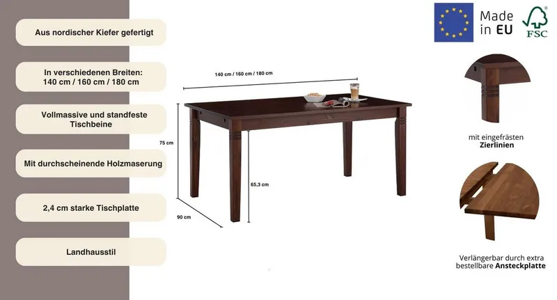 OTTO home Esstisch Danuta, Tisch, Speisetisch, wahlweise mit Schublade, aus massiver Kiefer, FSC®-zertifiziert, Braun, – Produktbild 8 von 8