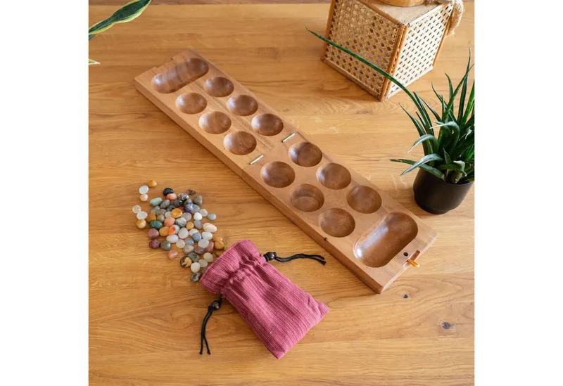 LOGOPLAY Spiel Kalaha, Gesellschaftsspiel, Kalaha Edelsteinspiel für 2 Spieler Spielfeld 14 x 49 cm Hus Bao mit, Beige, – Produktbild 5 von 5
