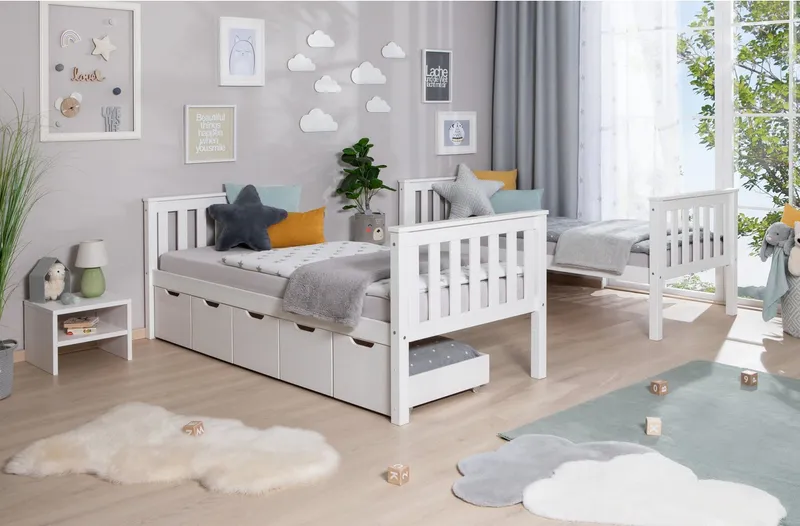 TICAA TICAA Etagenbett Sammy (90x200cm), mit Stauraum, umbaubar zu 2 Einzelbetten, Rollrost, Massivholz, Weiß, – Produktbild 3 von 4
