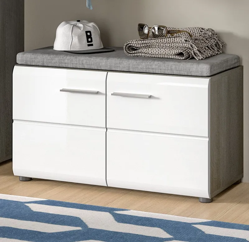 Inn.Furn Schuhbank Rumba (Garderobenbank in Weiß Hochglanz und Grau, 2-türig, 80 x 44 cm), mit 4 Fächern, Weiß, – Produktbild 2 von 5