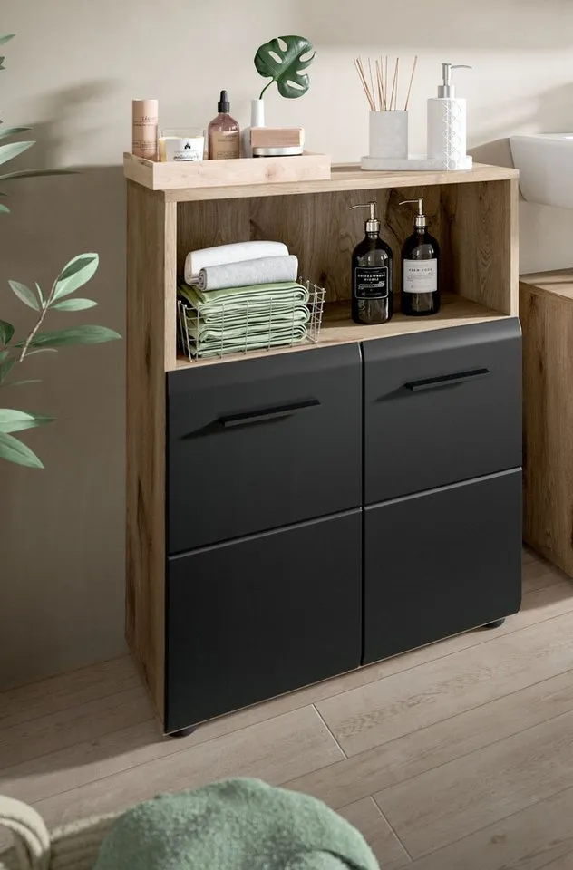 Inn.Furn Badkommode Cover (Badschrank in Schwarz und Eiche, 2-türig, 60 x 80 cm), mit viel Stauraum, Schwarz, – Produktbild 4 von 5
