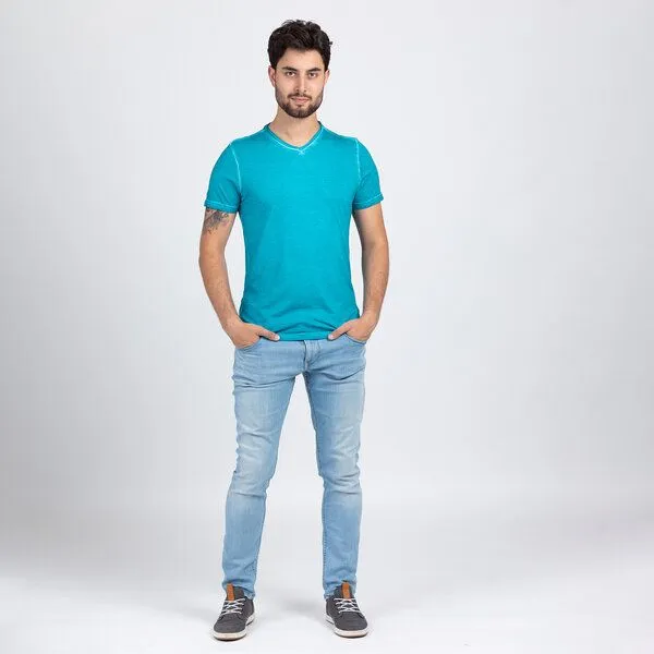 Lexi&Bö Lexi&Bö Herren Basic V-Neck mit Effektwaschung, Mosaic blue (blau), – Produktbild 3 von 3