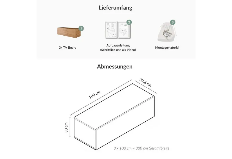 Planetmöbel TV-Schrank West TV-Board, Fernsehtisch 300 cm lang, TV-Lowboard (für Fernseher bis 85 Zoll, TV Schrank viel Stauraum, sideboard hängend, Fernsehschrank 3x 100 x 30 x 37,5 cm) gold eiche, Braun, – Produktbild 4 von 4