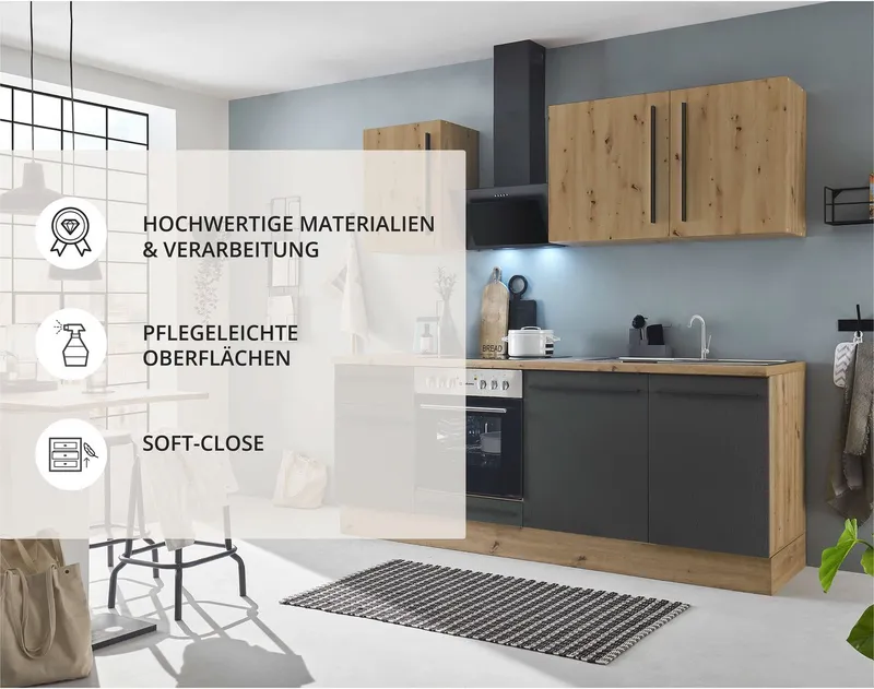 KOCHSTATION Küchenzeile Florida mit 38mm starker Arbeitsplatte, Breite 220 cm, wahlweise mit E-Geräten, Soft-Close-Funktion, Schwarz, – Produktbild 3 von 5