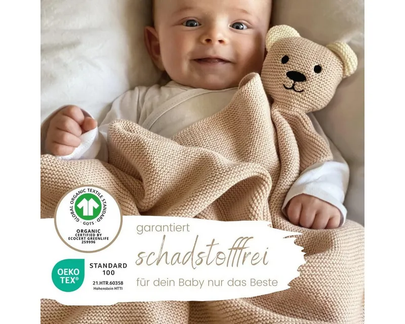 Babydecke DIKOS® Babydecke SCHMUSE-Bär Baby Geschenk Mädchen Junge Geschenkset, DIKOS, Geschenk zur Geburt, PREMIUM Qualität, 100 % BIO Baumwolle, Beige, – Produktbild 3 von 5