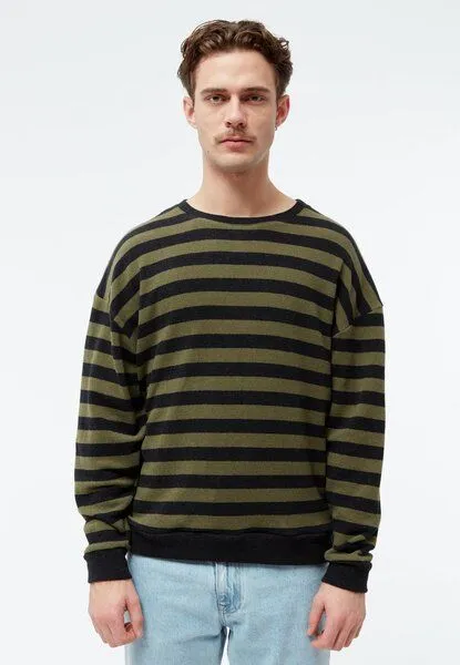 Givn Berlin Givn Berlin Gestreifter Sweater GBANTHONY aus recycelter Baumwolle, Dark grey / khaki, – Produktbild 1 von 4