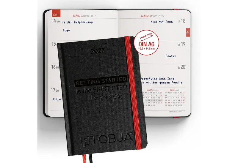 TOBJA Taschenkalender Taschenkalender 2027 A6 Schwarz Hardcover 1 Woche 2 Seiten FSC, Blindprägung, 2 Lesebändchen, Gummiband, FSC, A6, Schwarz, – Produktbild 1 von 5