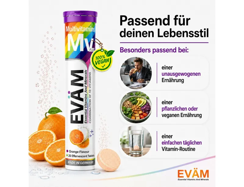 EVÄM Multivitamin Plus – 10 Vitamine in 1 Tablette, orange Brausetabletten, 1 er Rörchen à 20 St., 82 g – Produktbild 5 von 5