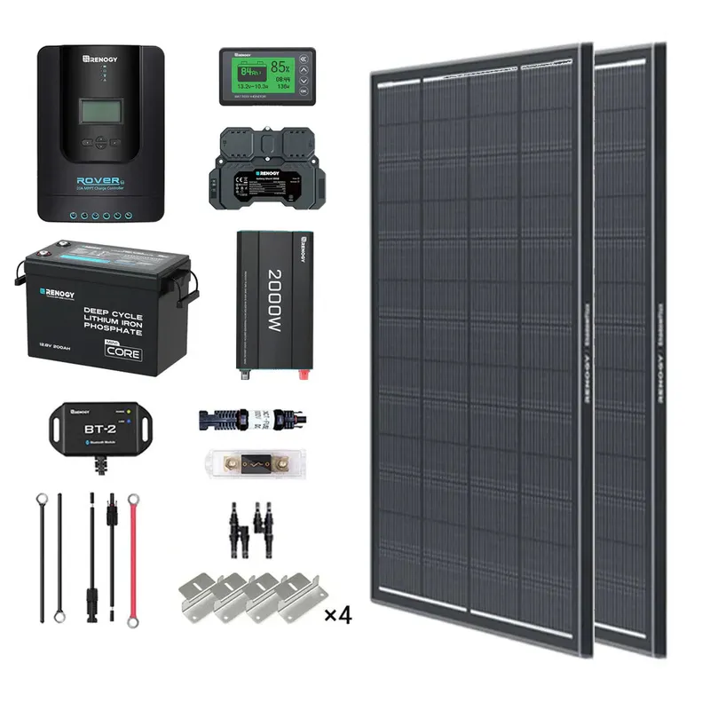 Renogy DE 2 kWh 400 W 12 V Solarpanelsystem mit - Anti-Schatten-Solarmodul / 200Ah Core Mini Lithium Batterie / 2000W Wechselrichter Reine Sinuswelle – Produktbild 1 von 1