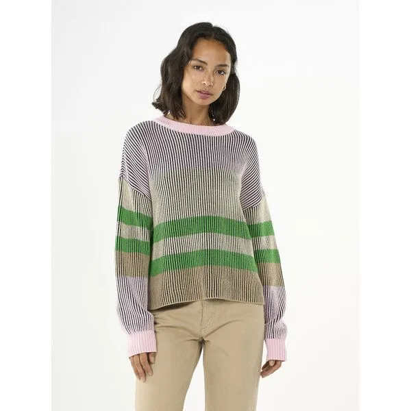KnowledgeCotton Apparel KnowledgeCotton Apparel Strickpullover aus Bio-Baumwolle und Modal, Grün-rosa gestreift, – Produktbild 1 von 4