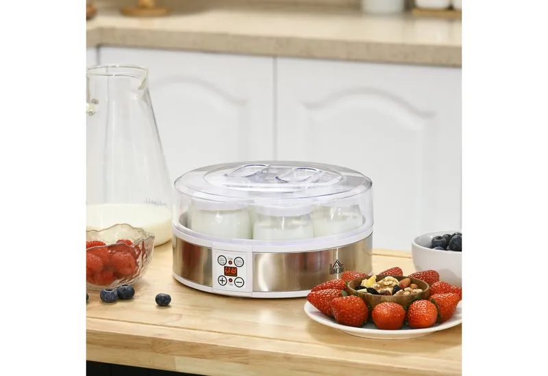 HOMCOM HOMCOM Joghurtbereiter Joghurtmaschine mit Timer, Joghurt-Maker mit Temperatur-Einstellung, 7 Portionsbehälter, je 180 ml, 7 Gläser à 180 ml, automatischer Abschaltung, 20 W, Weiß, – Produktbild 2 von 5