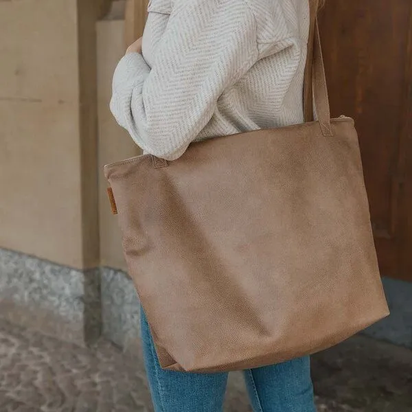 BOWLEANIES TASCHEN BOWLEANIES TASCHEN Mom Bag | Großer Shopper aus Lederfaserstoff mit Reißverschluss, Hellbraun, – Produktbild 1 von 4