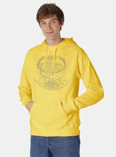 Peaces.bio - handbedruckte Biomode Peaces.bio - handbedruckte Biomode Bio-Herren-Kapuzensweater "Weltenesche", Gelb, – Produktbild 1 von 2