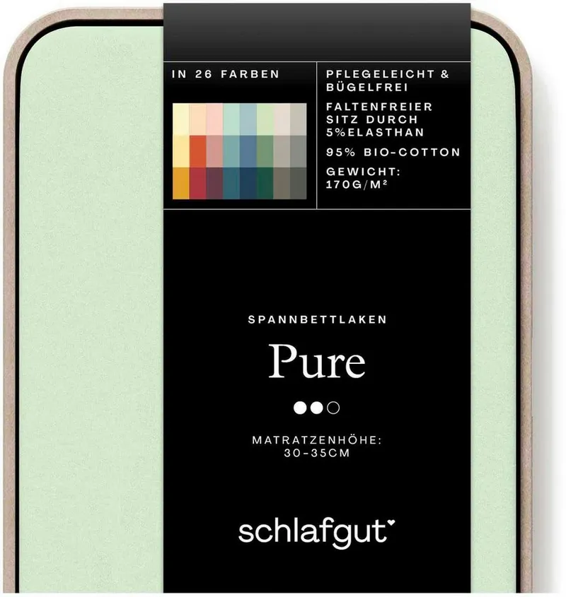 Schlafgut Schlafgut Spannbettlaken PURE Bio-Baumwolle mit Elasthan, 170 g/m², Bettlaken, Spannbetttuch, Jersey, Gummizug: rundum, (1 Stück), PREMIUM Laken für Matratzen bis 30cm Höhe, dehnbar blickdicht, straff, Grün, – Produktbild 5 von 5