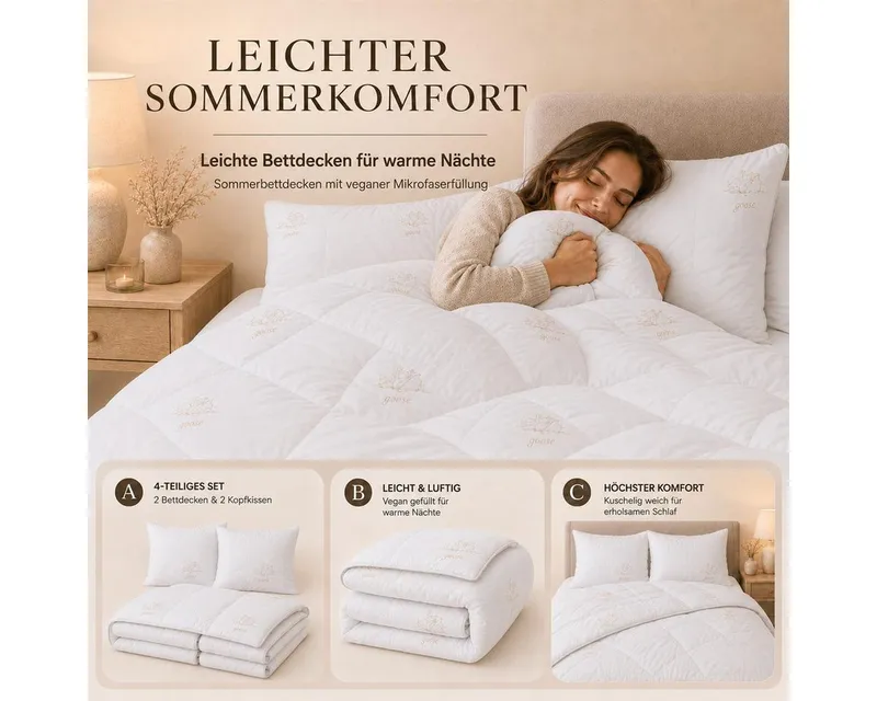 SEI Design Microfaserbettdecke Bettset SWAN 4-tlg Sommer 2x Bettdecken 135x200 + 2x Kissen 80x80, Füllung: daunenähnliches Gefühl, Bett-Set 4-Tlg.: 2x Bettdecken 135x200 + 2x Kopfkissen 80x80, Weiß, – Produktbild 3 von 5