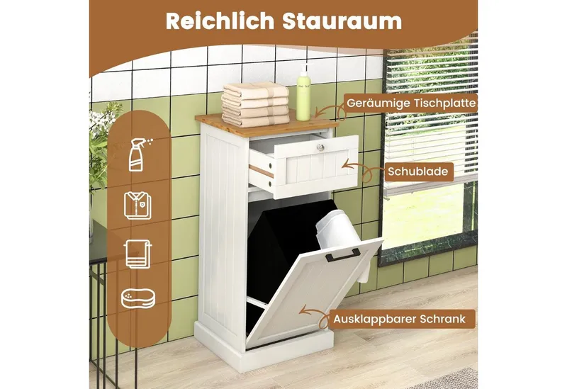 COSTWAY COSTWAY Wäscheschrank mit Wäschekorb & Stauraum, Badezimmerschrank, Weiß, – Produktbild 3 von 5