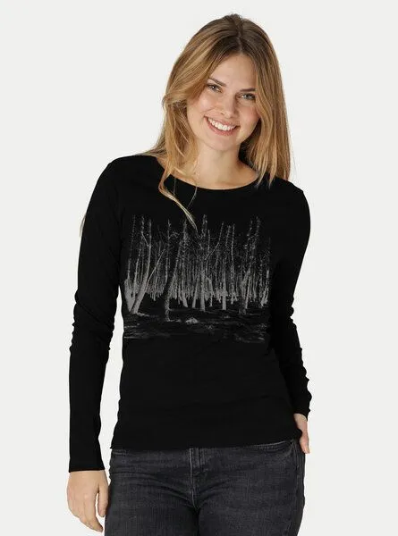Peaces.bio - handbedruckte Biomode Peaces.bio - handbedruckte Biomode Damen Langarmshirt Woodland, Schwarz, – Produktbild 1 von 2